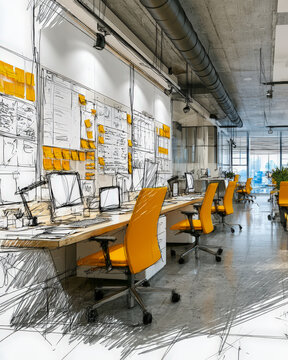 Modern Open Office Interior Sketch With Yellow Chairs and Creative Workspace Design