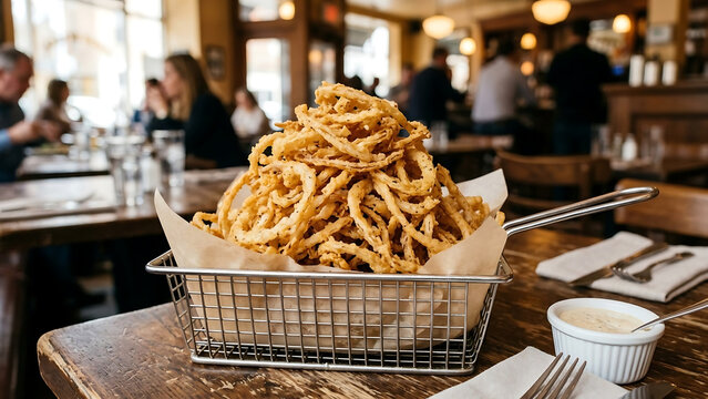A generous mound of crispy fried onion strings piled high in a metal serving basket, ready to be enjoyed in a restaurant setting.