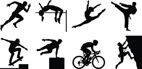 Obraz premium Sports Action Silhouette Collection Featuring Running Cycling Climbing Skateboarding Karate and Athletic Poses