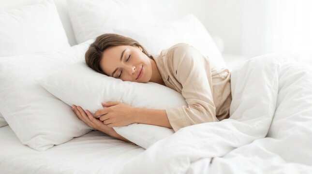 Peacefully sleeping beautiful young woman lying in bed