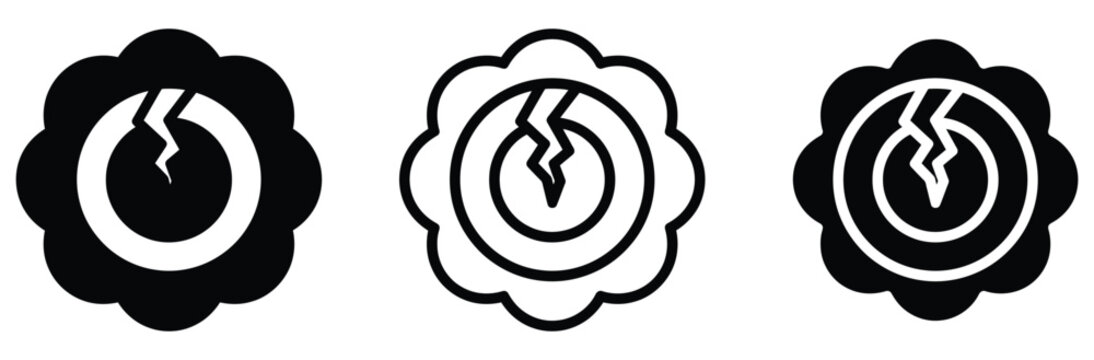 WebPower button crack error icon set vector. System failure, broken power supply, technical damage, reboot warning, energy crash, electric fault, switch problem symbol graphic. Vector illustration.
