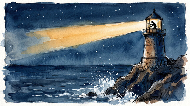 Amber indigo watercolor ink lighthouse keeper at night, representing small business personal dedication, solitary commitment, steadfast purpose and entrepreneurial devotion