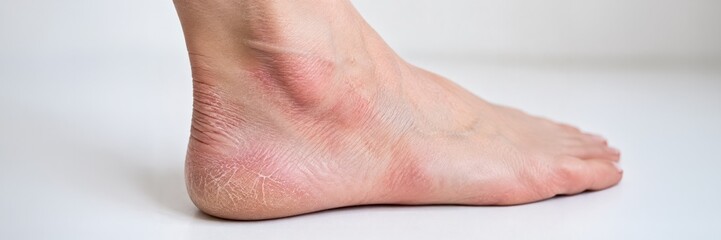Fototapeta premium Dry red heel skin, website banner with copy space, eczema