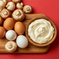 Fototapeta premium Vitamin D Nutrition Foods With Eggs Mushrooms and Cream on Red Background