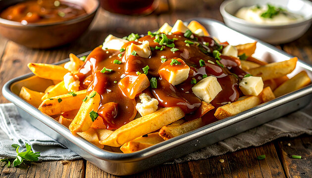 Canadian poutine fries with gravy and cheese curds on metal tray, medium shot