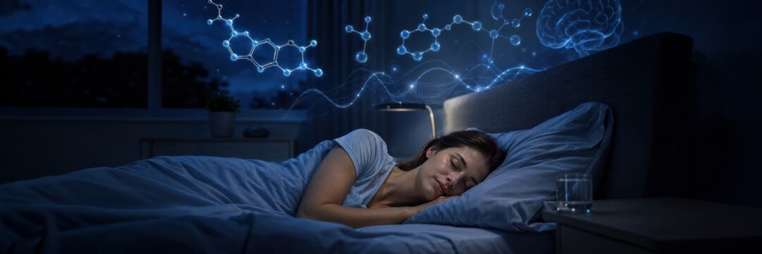Woman sleeping with digital molecular health data, website banner, sleep science, insomnia