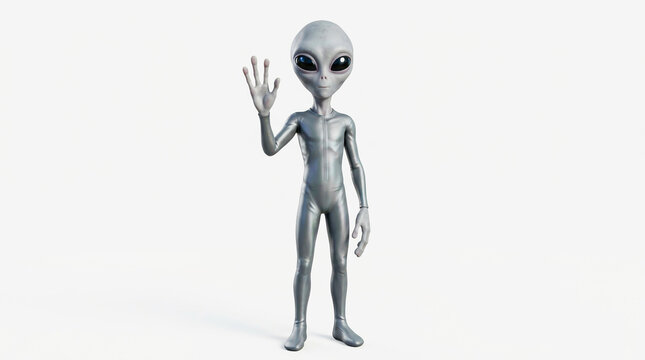 Friendly grey alien waving hello to the camera