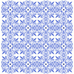 Fototapeta premium Padrão geométrico ornamental inspirado em azulejos vintage com tons suaves de azul, bege e marrom. Composição harmoniosa ideal para decoração, revestimentos e superfícies elegantes.