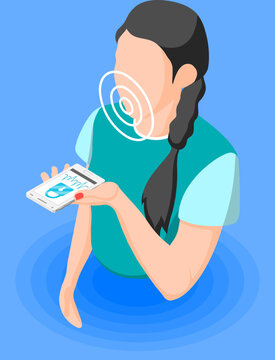 Isometric Smartphone Voice Recognition Biometric Authentication with Woman User Speech Pattern Scanner and Lock Security Vector Illustration