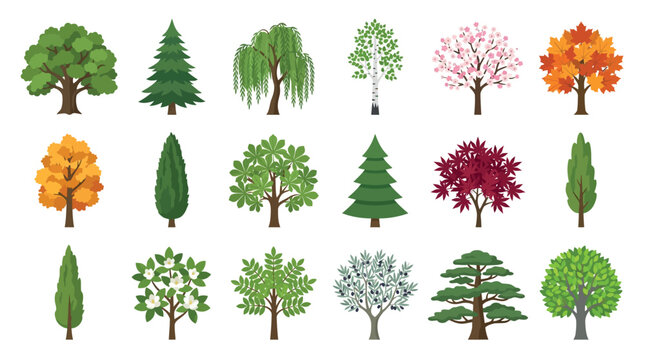 Collection of sixteen colorful and stylized tree illustrations in a flat design style