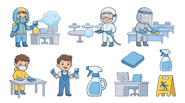 Set of vector art characters in hazmat suits cleaning office spaces with disinfectants, representing hygiene and safety protocols, sanitization