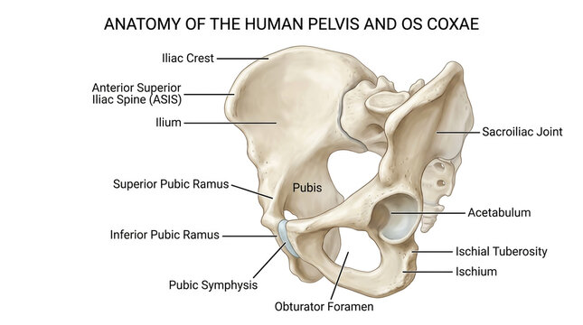 Anatomical diagram of human pelvis and os coxae bones