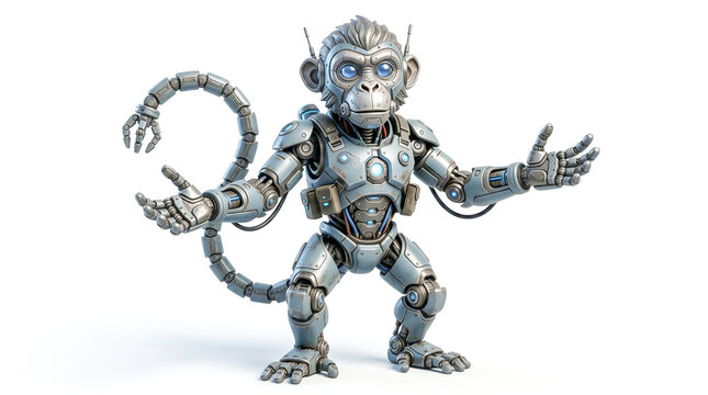 Futuristic silver mechanical robot monkey with blue eyes