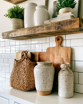 Rustic Kitchen Shelf with Ceramic Vases, Baskets and Cutting Boards