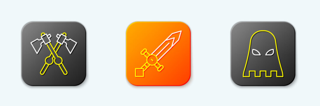 Set line Crossed medieval axes, Medieval sword and Executioner mask icon. Vector