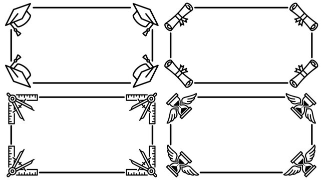 collection of four academic diploma and graduation cap decorative border frames, simple line art design elements for certificates and awards