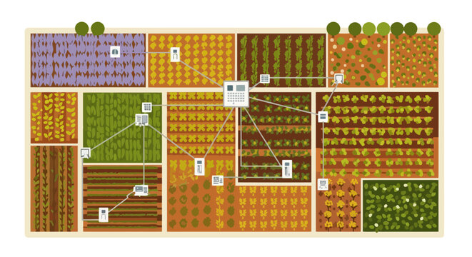 An aerial view of a diverse farm layout with multiple crop plots and an overlay of interconnected data icons, suggesting modern agricultural technology and data management.
