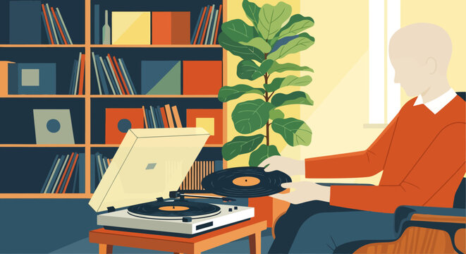 A person in an orange sweater holding a vinyl record next to a record player with a bookshelf and plant in the background.