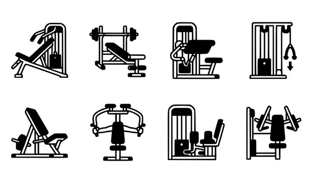 Minimalist Gym Weight Training Machine Line Icon Set with Chest Press, Incline Bench, Leg Extension, and Cable Pulley Vector Graphic Symbols