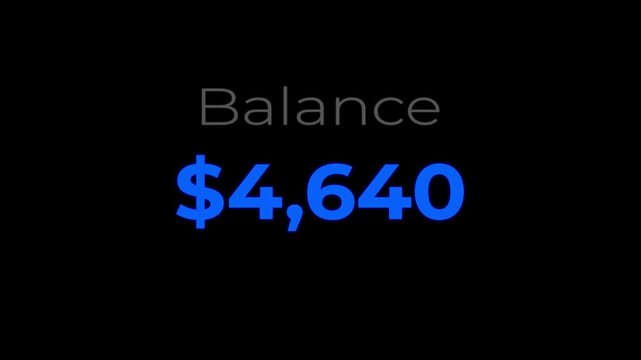 Balance amount decreasing from 10000 to 0 dollars on black background.Decreasing Amount Animation.