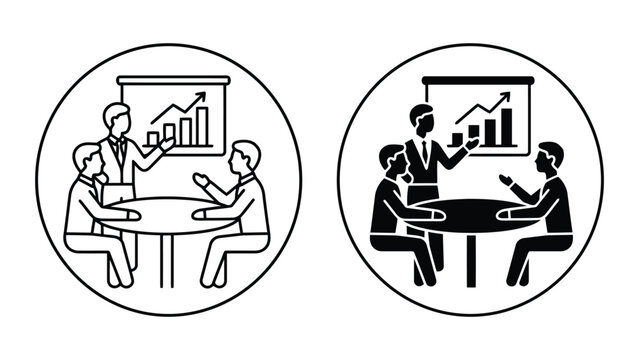 Business team analyzing growth data around meeting table line and solid icons