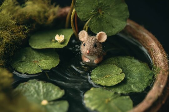 mouse swimming in a tiny pond with lily pads