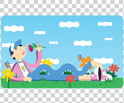Man smelling flower while relaxing on green grass in the park vector illustration
