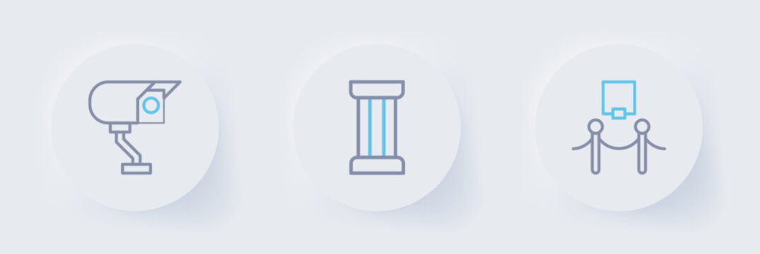Set line Picture and rope barrier, Ancient column and Security camera icon. Vector