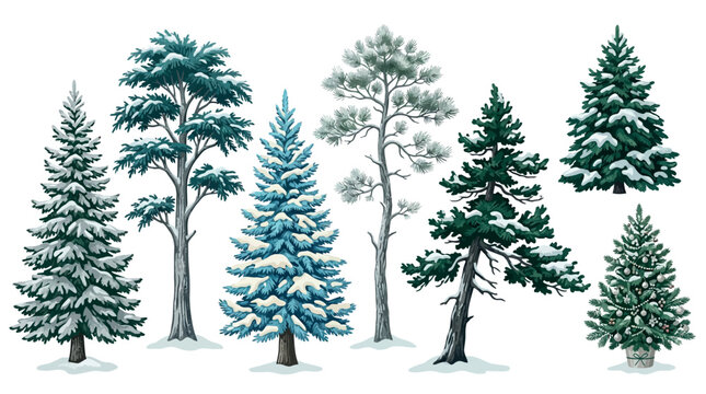 Six different types of evergreen trees illustration with snow-covered ground