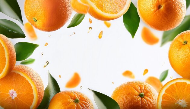fresh oranges falling creating border frame