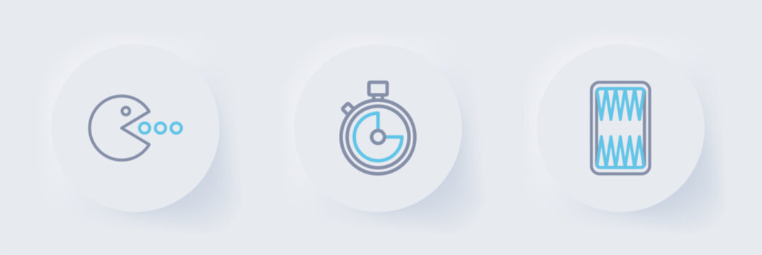 Set line Backgammon board, Stopwatch and Pacman with eat icon. Vector