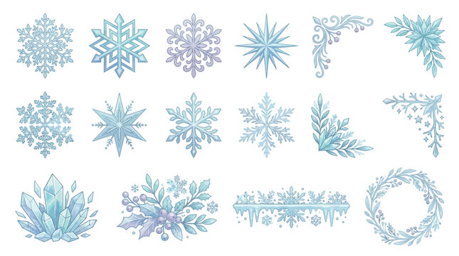 Beautiful collection of intricate snowflakes and frost crystal designs in light blue and white