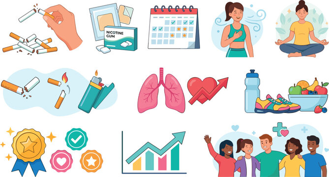 Quit Smoking and Healthy Lifestyle Vector Illustration Set Featuring Nicotine Patches, Broken Cigarettes, Healthy Lungs, Yoga Meditation, and Wellness Icons for Healthcare Designs