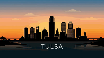 Obraz premium Tulsa Cityscape Silhouette at Sunset Over Water Reflecting Downtown Skyline