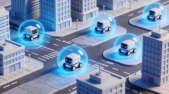 Futuristic delivery robots in city