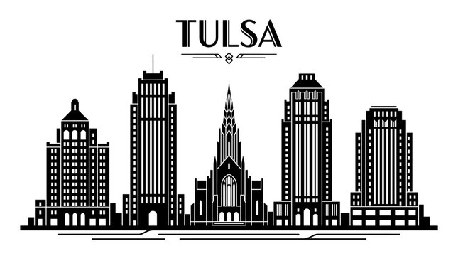Minimalist Black and White Vector Illustration of the Tulsa Oklahoma City Skyline Featuring Iconic Architectural Landmarks and Skyscrapers