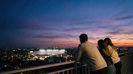 Fototapeta premium Friends enjoying city view and illuminated stadium at sunset from rooftop