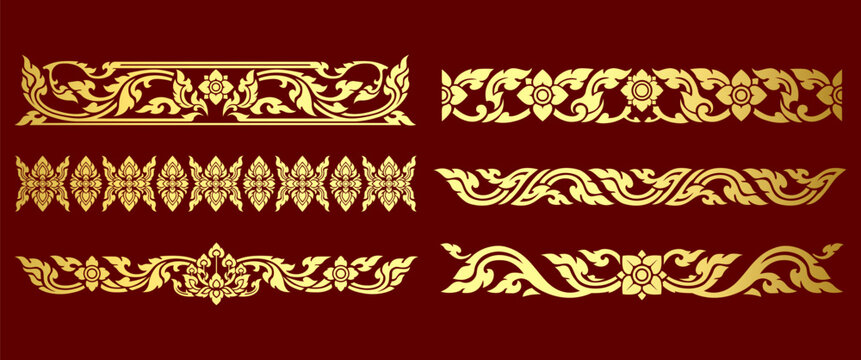 Thai Tribal Ornament Borders Collection with Traditional Floral Decorative Elements, Luxury Vintage Thai Pattern Design Set