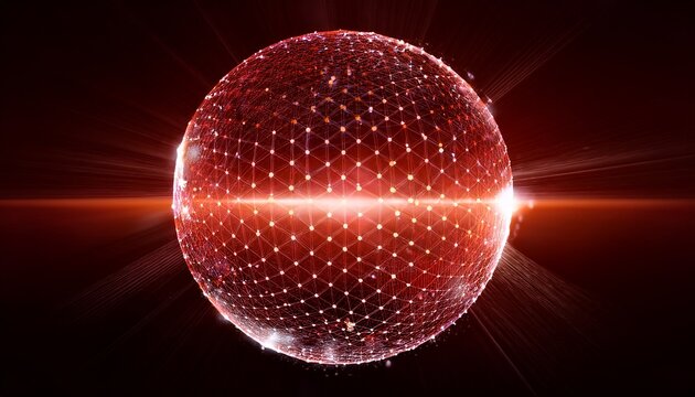abstract digital sphere with luminous dots and glowing energy effect in shades of red and white against a dark background