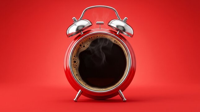 Creative alarm clock filled with hot coffee on red background, surreal morning concept with steam, minimal design