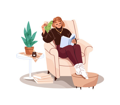 Girl and her parrot have a rest, read book together. Woman with bird on shoulder sits in armchair and enjoys literature. Person with pet, domestic animal. Flat isolated vector illustration on white