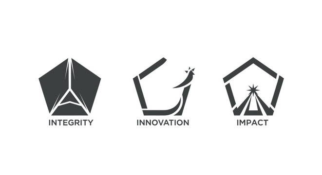 Three geometric icons representing integrity innovation and impact.