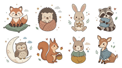 Fototapeta premium Illustrated cute animals sitting and relaxing in cozy outfits with soft background