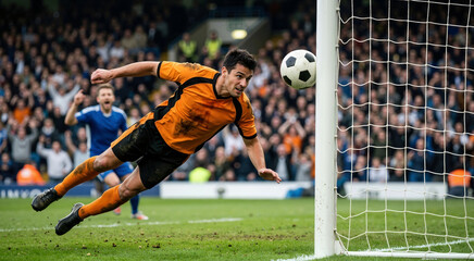 Obraz premium Soccer player executing a dramatic diving header near the goalpost. Muddy male athlete in mid-air attempting to score during a competitive football match. Professional sports action