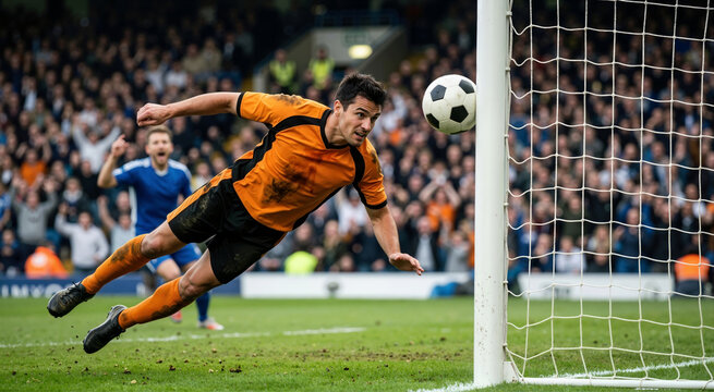 Soccer player executing a dramatic diving header near the goalpost. Muddy male athlete in mid-air attempting to score during a competitive football match. Professional sports action