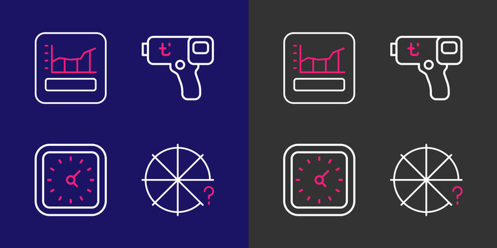 Set line Circle of pieces, Clock, Digital thermometer and Graph, schedule, chart, diagram icon. Vector