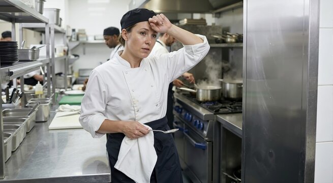 Exhausted female chef wiping sweat from forehead in a hot commercial kitchen. Tired woman in uniform working during a heatwave. Restaurant industry stress concept
