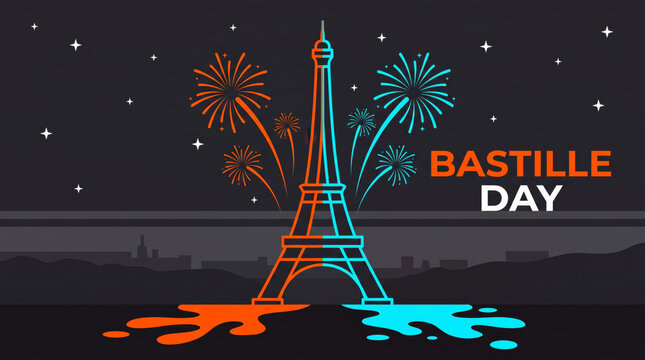 Colorful eiffel tower with fireworks on bastille day pixel art background