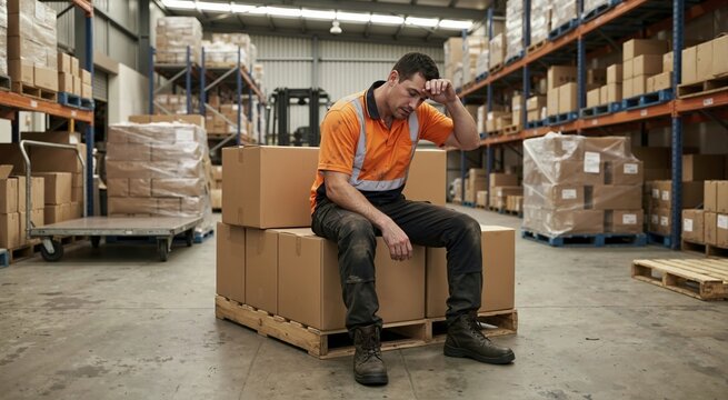 Exhausted male warehouse worker resting on cardboard boxes. Tired man in high visibility shirt sweating during summer heatwave. Industrial manual labor and workplace fatigue concept