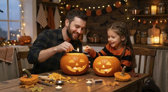 Father and daughter lighting candles inside carved pumpkins. Happy family celebrating Halloween and making jack-o-lanterns at home. Autumn holiday tradition and festive crafting activity